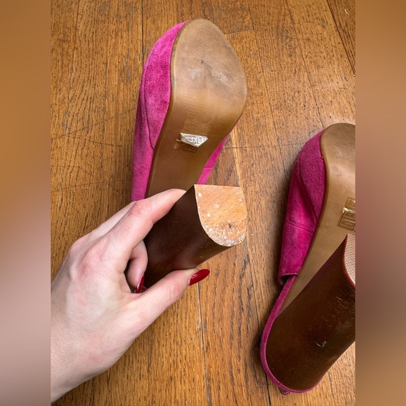 Jeffrey Campbell Pink Suede Peep Toe Heels w Wooden Heels - Picture 7 of 10